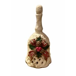 2001 Artmark Pierced CHRISTMAS PORCELAIN BELL w/Holly, Pine Cones  5 3/4" - EUC
